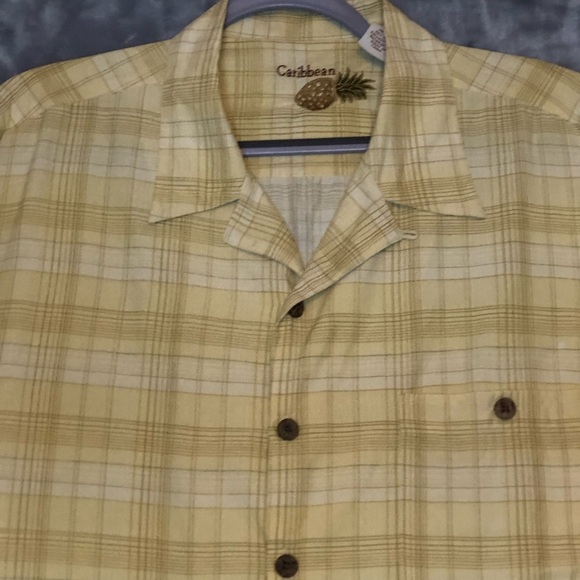 Caribbean Men's Short Sleeve Button Up Shirt Pale Yellow Plaid Size XL - Picture 2 of 8